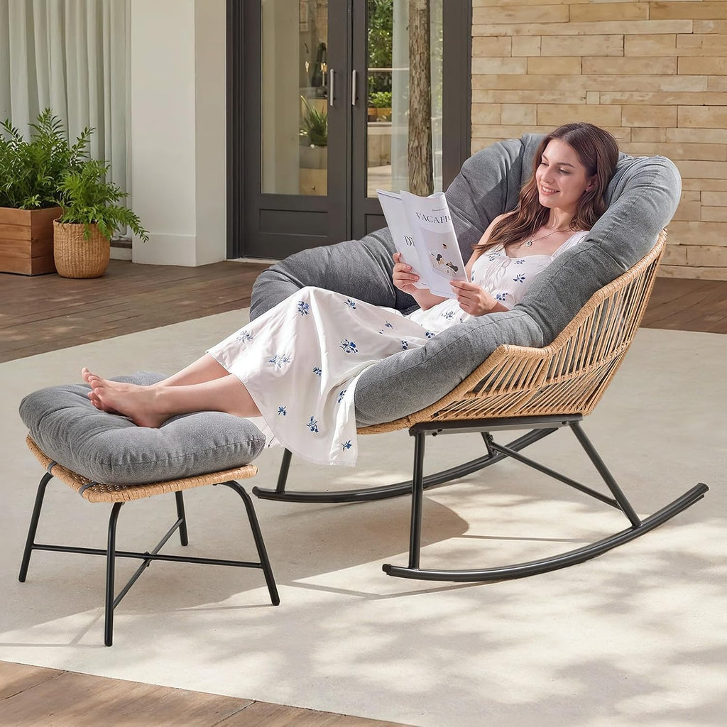 ONBRILL Papasan Rocking Chair with Ottoman,Oversized Papasan Chair with Padded Cushion, Indoor & Outdoor Rocker Chair for Living Room, Patio, Garden, Light Gray
