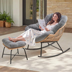 ONBRILL Papasan Rocking Chair with Ottoman,Oversized Papasan Chair with Padded Cushion, Indoor & Outdoor Rocker Chair for Living Room, Patio, Garden, Light Gray