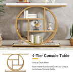 Tribesigns 41.3" Console Table, Industrial 4-Tier Sofa Entryway Table with Circle Base, Narrow Wood Accent Tables with Storage Shelves for Living Room, Hallway, Foyer, White Gold