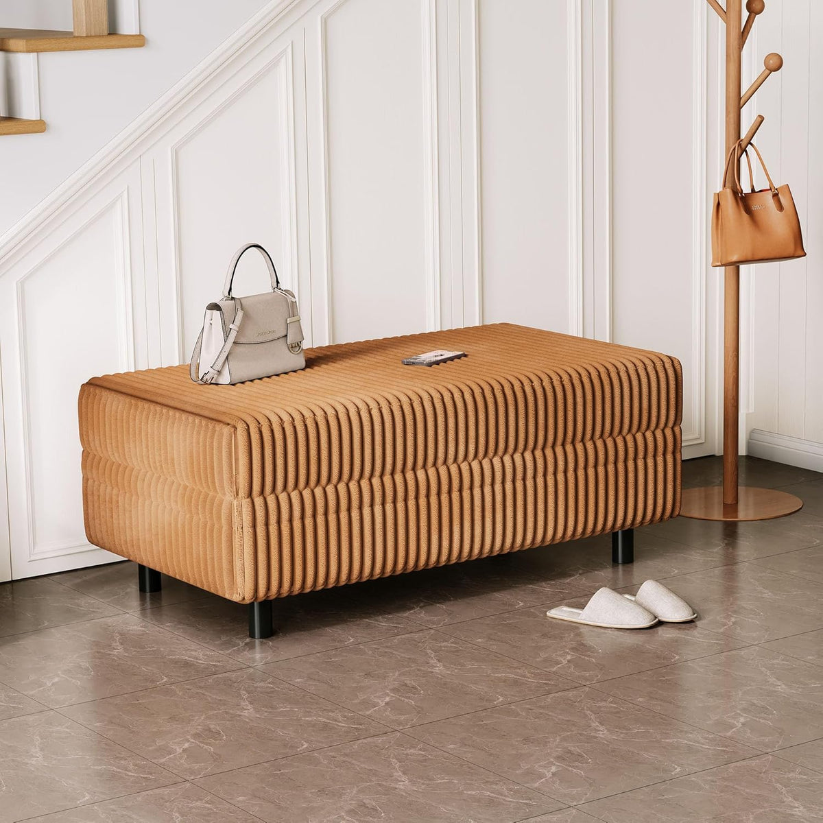 LINSY HOME Sectional Sleeper Sofa Storage Ottoman Bench, Convertible Coffee Table Plush Corduroy Couch Ottoman Footstool for Living Room, Bedroom Entryway and Family Room, Brown