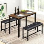 Rovibek Dining Room Table Bench Set for 4, Modern Space Saving Kitchen Table with with 2 Upholstered Benches & Adjustable Feet, Wooden Breakfast Table, 43", Brown