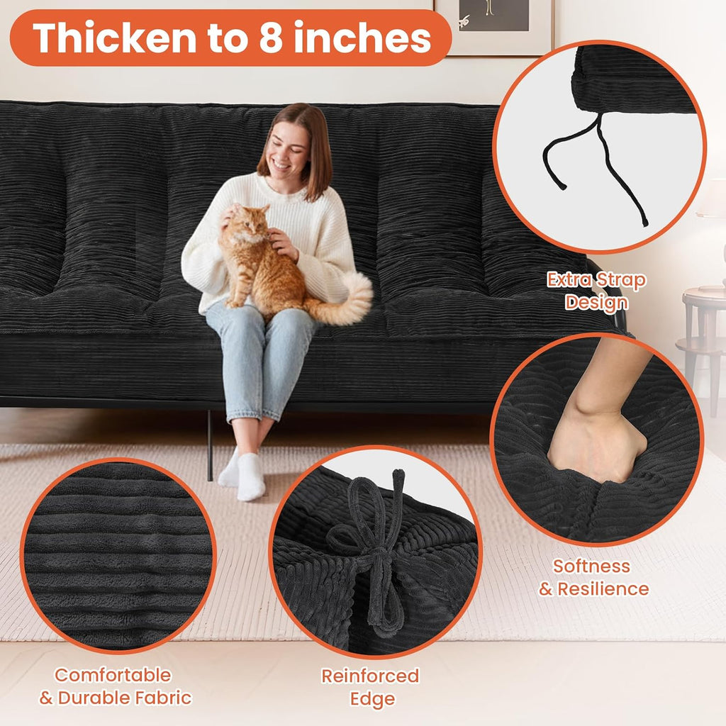 8" Futon Mattress Full Size, Futons Sofa Bed Sleeper Couch Bed, Roll Up Mattress with Shredded Foam & 2 Straps for Storage, Futon Floor Mattress for Living Room, Corduroy (Frame Not Included)