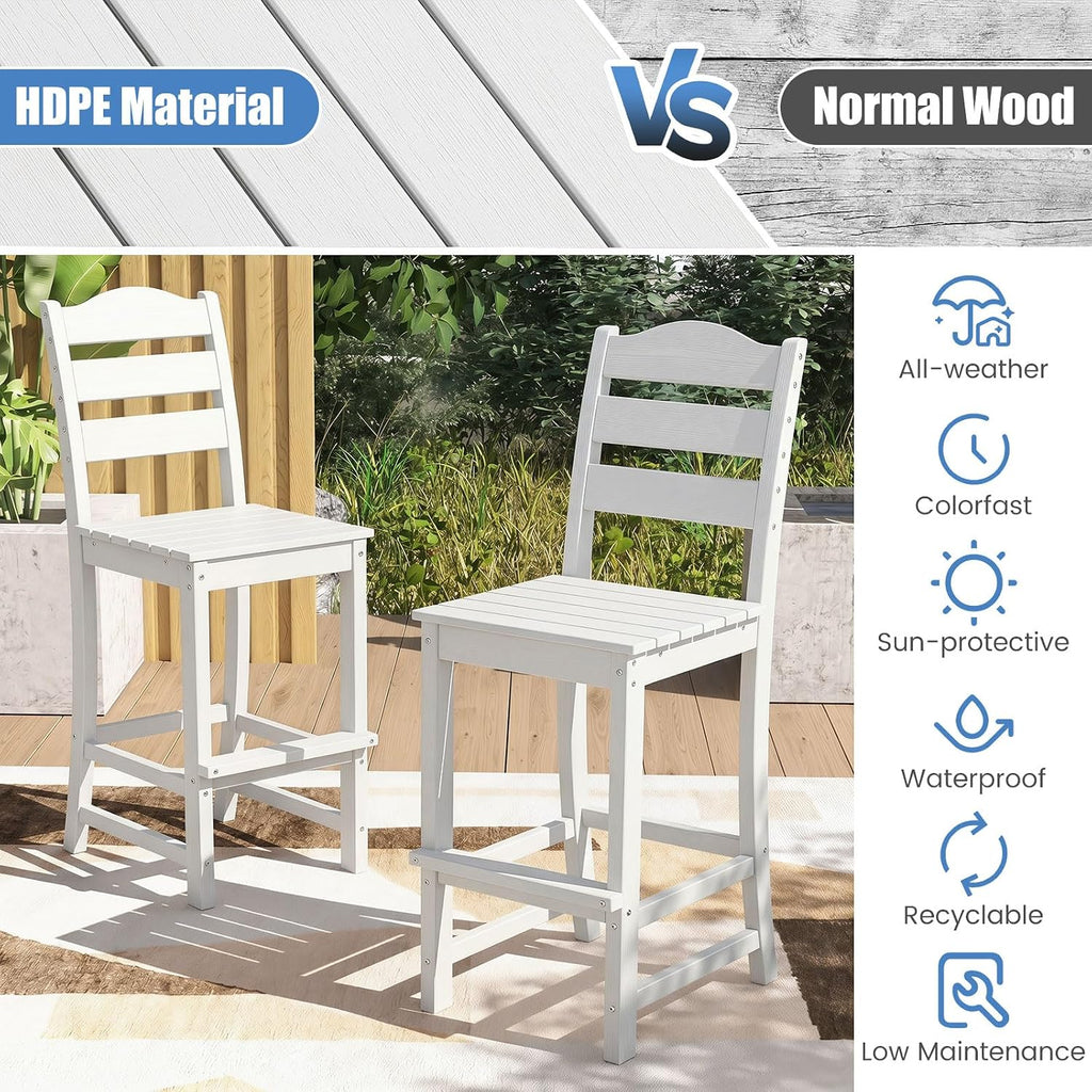 Tangkula Patio HDPE Barstool, Outdoor High Top Bar Chair w/Backrest & Footrest, All-Weather Wood-Plastic Bar Height Chair for Poolside, Backyard, Porch (2, White)