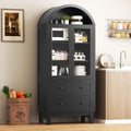 Arched Cabinet with Glass Doors, 71" Tall Freestanding Pantry Cabinet with 2 Large Drawers and Adjustable Shelf, Farmhouse Wood Storage Cabinets, Versatile Cupboard for Kitchen, Dining Room, Black