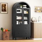 Arched Cabinet with Glass Doors, 71" Tall Freestanding Pantry Cabinet with 2 Large Drawers and Adjustable Shelf, Farmhouse Wood Storage Cabinets, Versatile Cupboard for Kitchen, Dining Room, Black