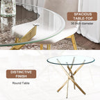 Glass Dining Table Set for 4 with Chairs, Modern 5 Piece Dining Room Set with 36" Round Tempered Glass Table & 4 Velvet Chairs for Kitchen, Apartment, Home (Gold+White)