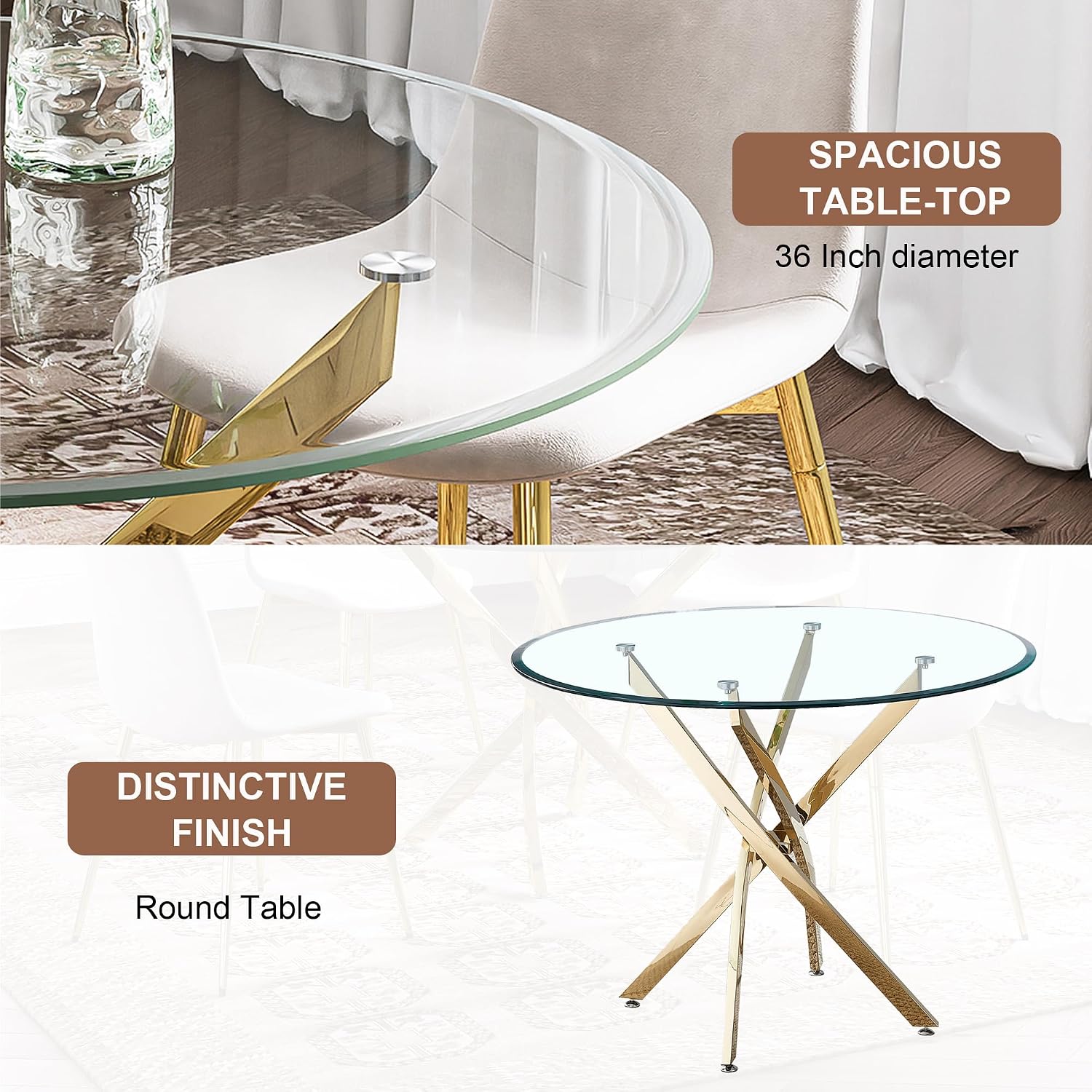 Glass Dining Table Set for 4 with Chairs, Modern 5 Piece Dining Room Set with 36" Round Tempered Glass Table & 4 Velvet Chairs for Kitchen, Apartment, Home (Gold+White)