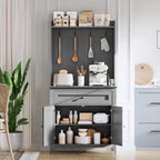 GarveeHome 63'' Pantry Cabinet with 4 Hooks, Kitchen Storage Cabinet with Charging Station, Coffee Bar Table for Living Room, Dining Room, 1 Large Drawer, Adjustable Shelves, Grey