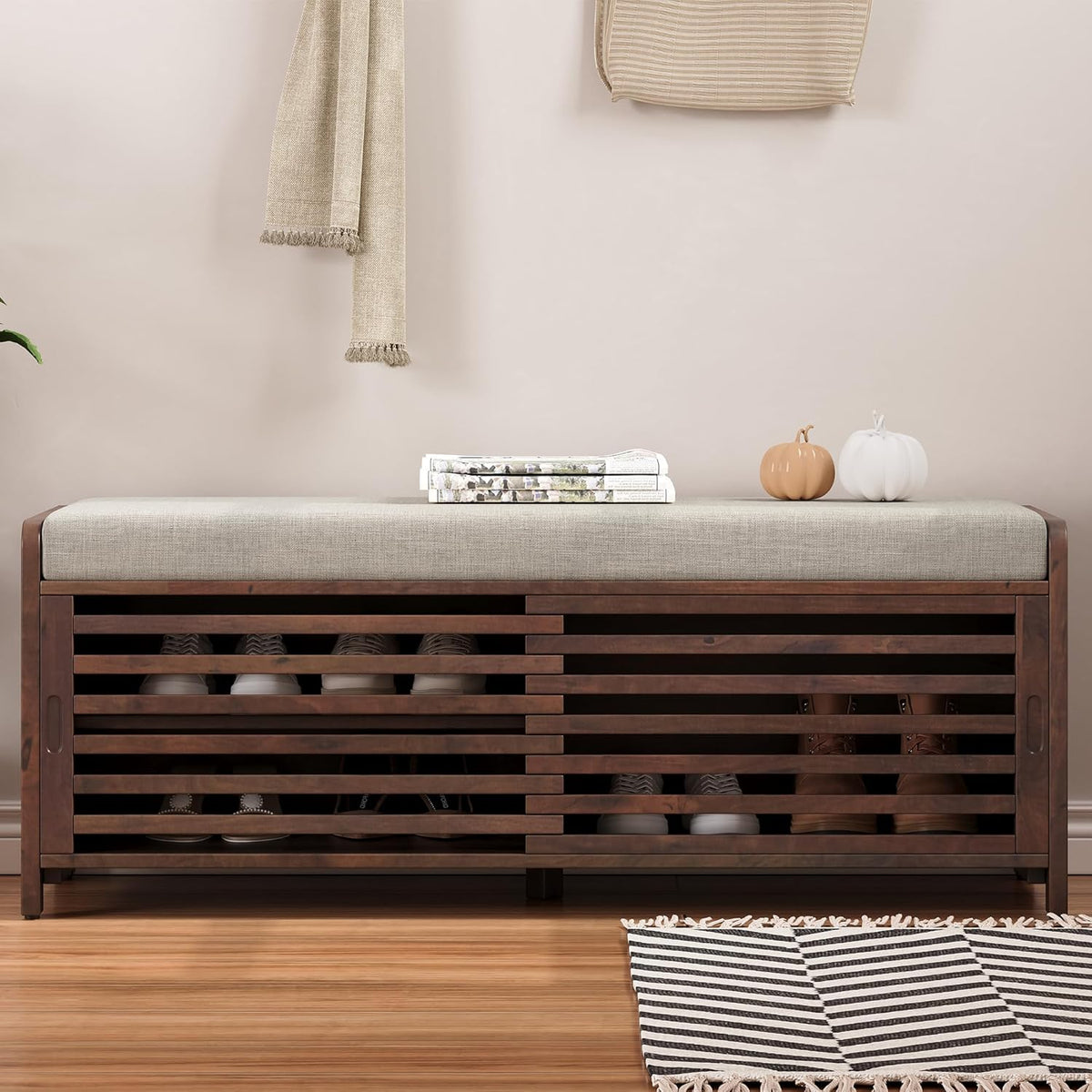 LUMISOL Shoe Bench with Storage and Cushion, Farmhouse Distressed Shutter Storage Bench with Retro Charm for Living Room, Entryway, Espresso