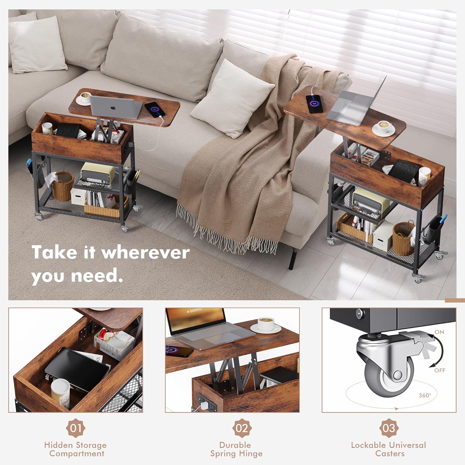 Colima Lift-Top Side Table with Charging Station - Mobile End Table with USB Ports & AC Outlets, Hidden Storage, Wheels - Rustic Wood Nightstand for Living Room, Bedroom, Office