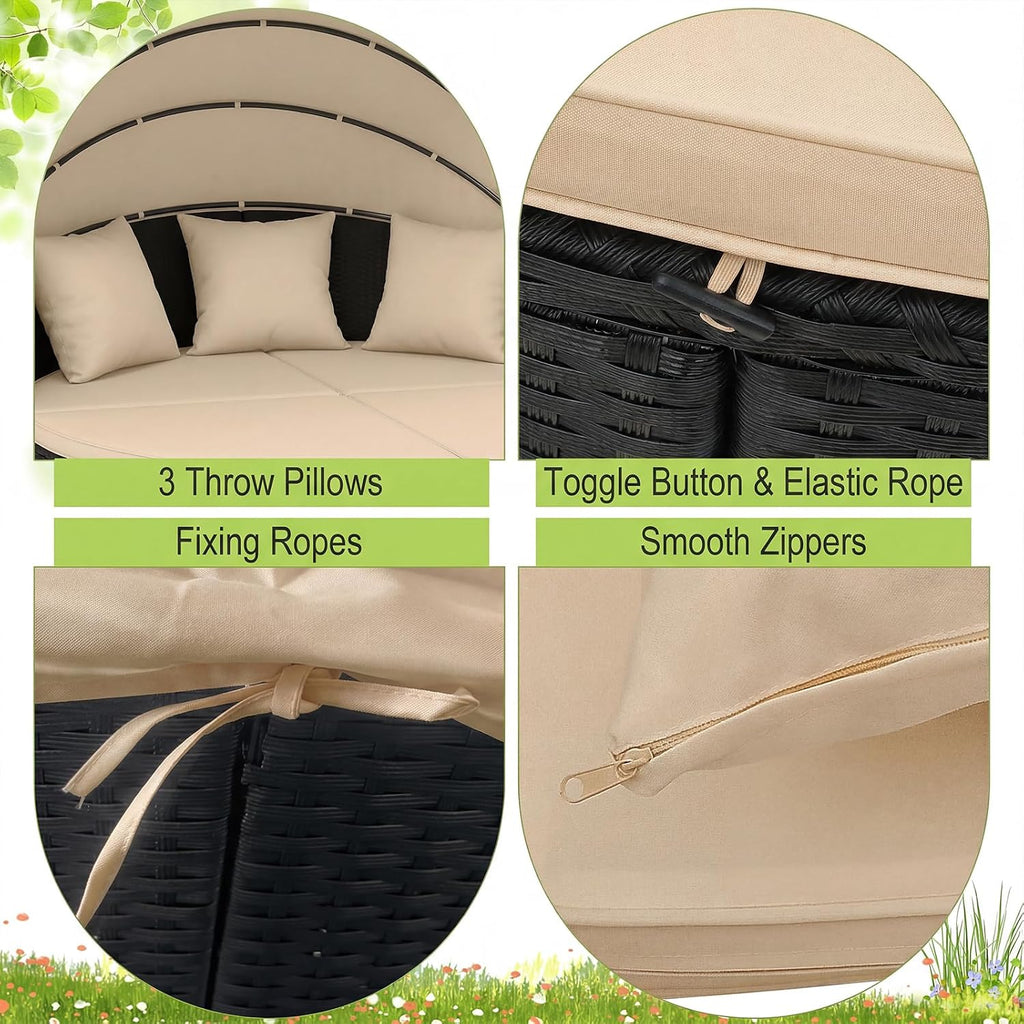 Tangkula Outdoor Patio Round Daybed with Retractable Canopy, Black Rattan Wicker Furniture Sectional Seating with Cushions and Throw Pillows, Seating Separates Cushioned Seats for Backyard (Brown)