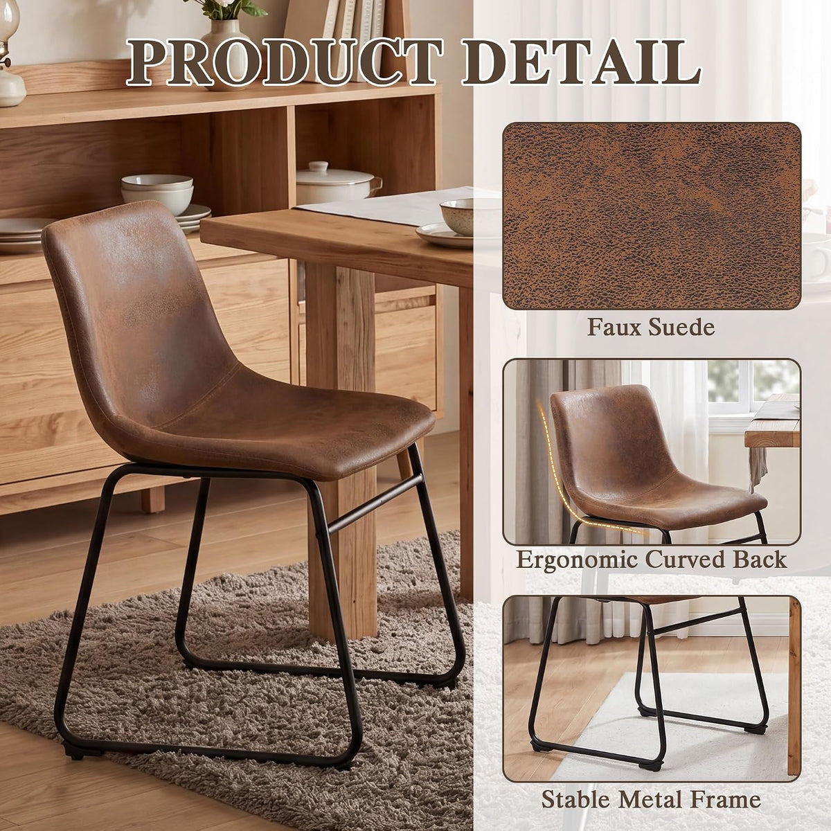 GOTMINSI Dining Chairs Set of 4, 18 Inch Modern Dinner Chairs, Armless Dining Room Chairs with Sturdy Metal Legs and Upholstered Backrest for Kitchen(Dark Brown)