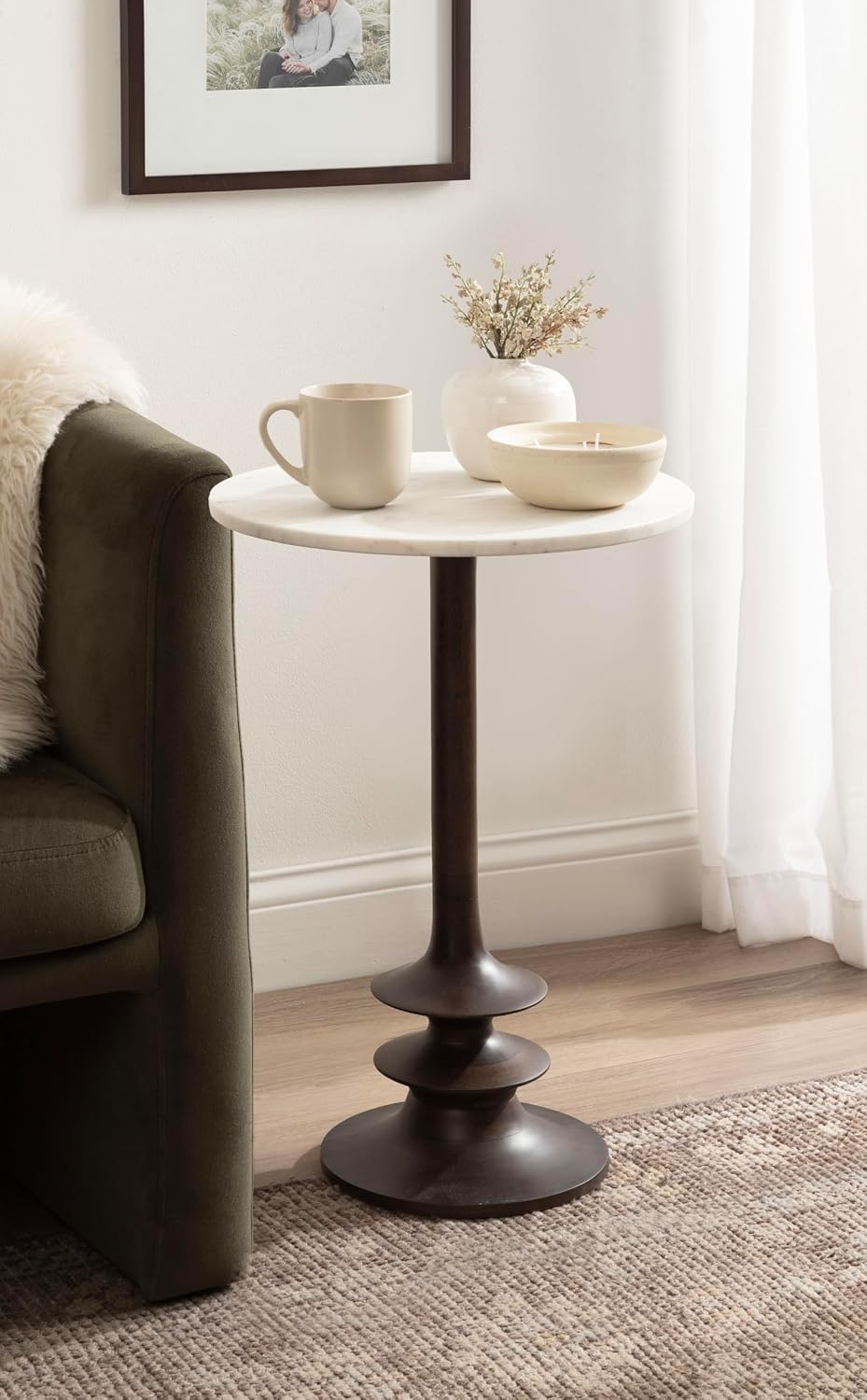 Kate and Laurel Squires Modern Marble Round Side Table, 16 x 16 x 24, White Marble and Dark Brown, Marble Top Circle End Table for Use as a Bedroom Nightstand or Living Room Plant Stand Option