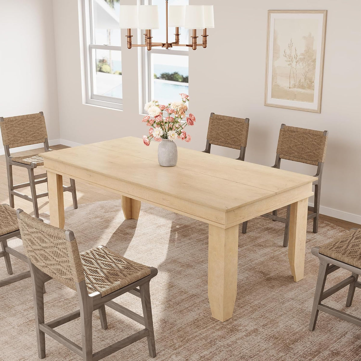 GarveeHome Farmhouse Dining Table for 4-6 People, 63 in Long Kitchen Tables with Wooden Sturdy Frame, 5 ft Large Rectangular Dinner Table for Dining Room, Kitchen, Natural, 63" Non-extendable