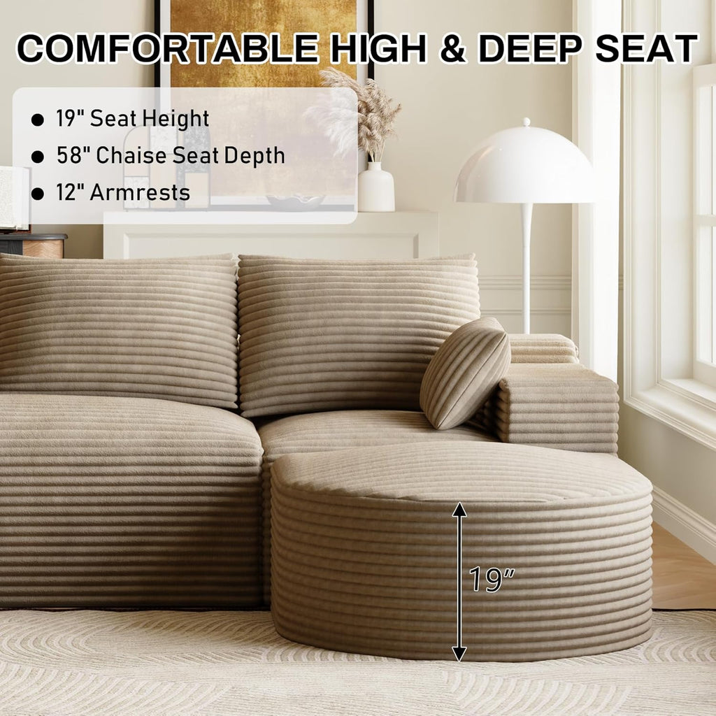 108" U-Shaped Couches for Living Room,Comfy Fluffy Cloud Sectional Couch with Curved Ottoman, Modern Plush Corduroy Deep Seat Modular Sectional Sofa for Small Spaces, Light Brown