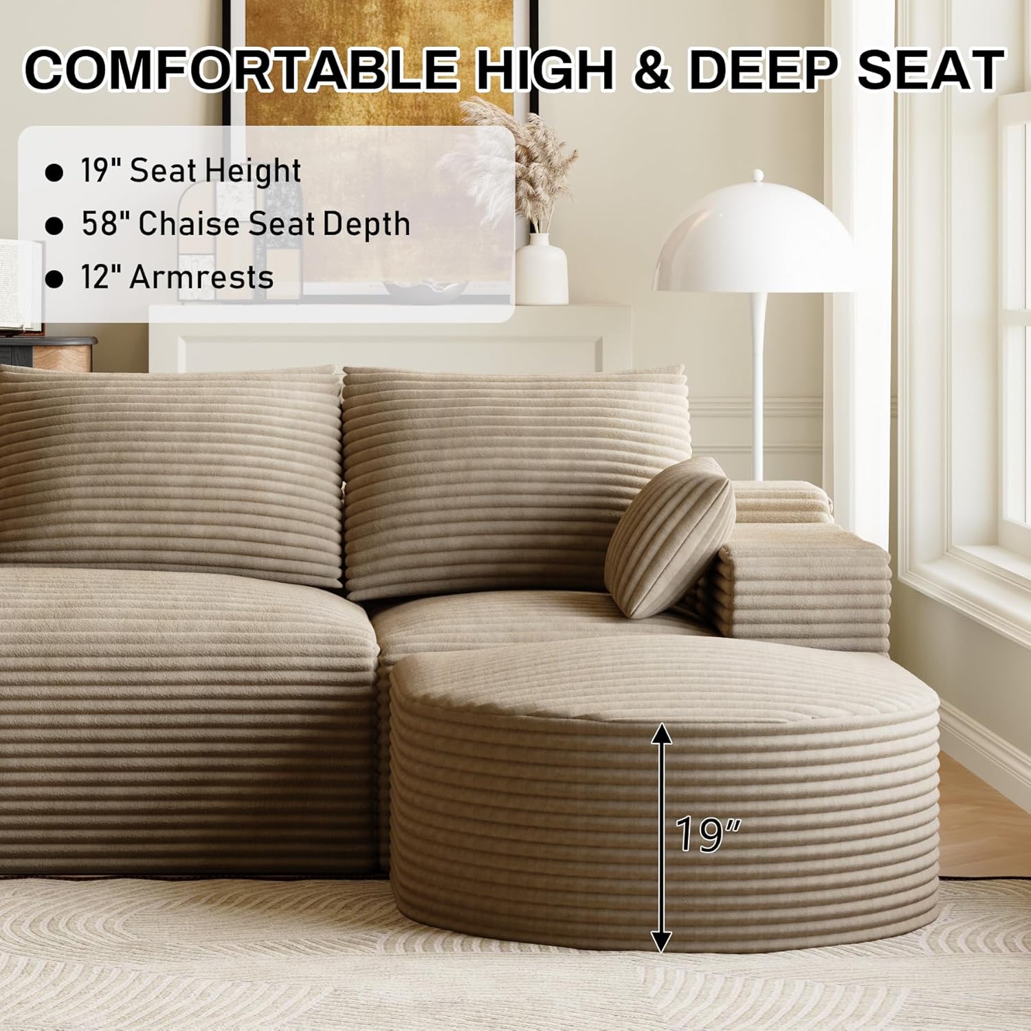 108" U-Shaped Couches for Living Room,Comfy Fluffy Cloud Sectional Couch with Curved Ottoman, Modern Plush Corduroy Deep Seat Modular Sectional Sofa for Small Spaces, Light Brown