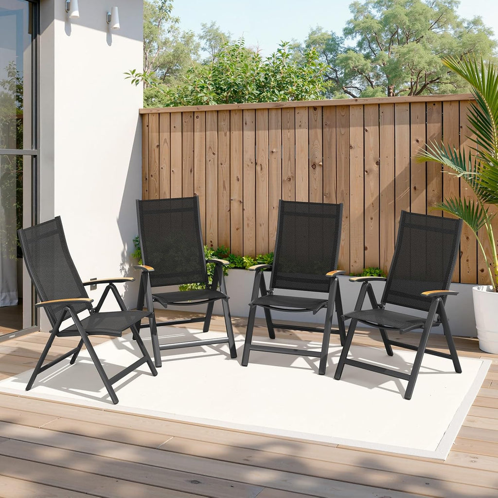 Crestlive Products Folding Patio Chairs Set of 2, 8-Level Adjustable Outdoor Recliner Chairs with Teak Armrest Aluminium Frame for Pool, Backyard, Black, DC071
