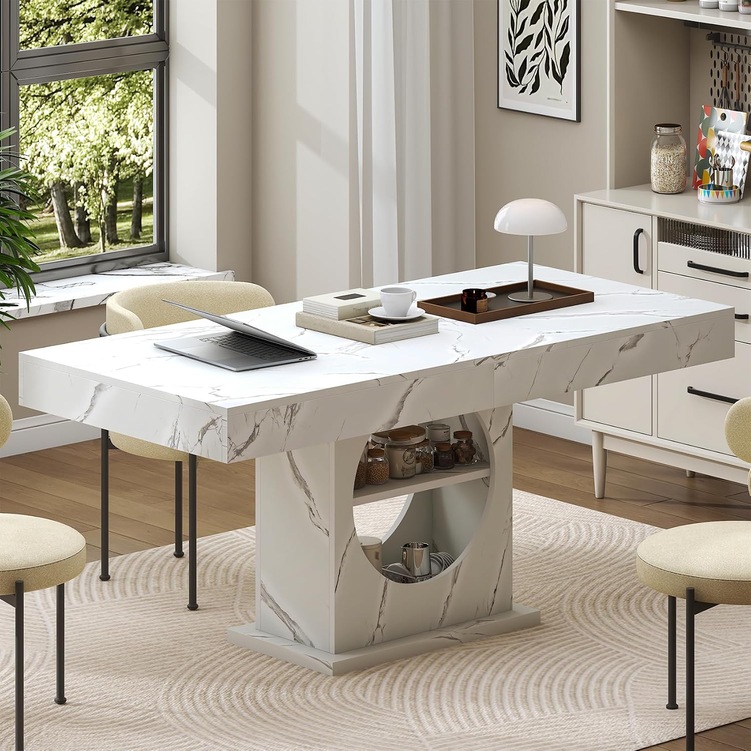Dining Table for 4-6 People, 55 Inches Dinner Table with Drawers and Open Storage, Wooden Pedestal Base, Rectangular Farmhouse Kitchen Table for Kitchen, Living Room, Marble White