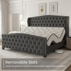 LARMACE King Size Bed Frame Velvet Upholstered Platform Bed with Wingback Headboard & Footbaord, Deep Button Tufted Bed Frame with Wood Slats Support, No Box Spring Needed, Grey