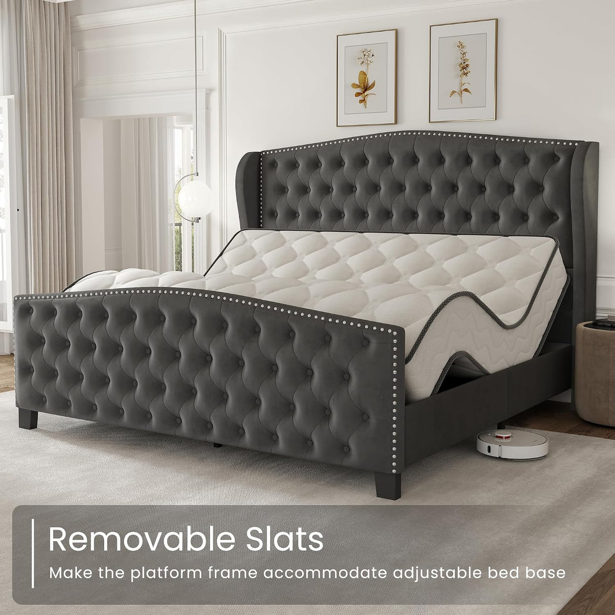 LARMACE King Size Bed Frame Velvet Upholstered Platform Bed with Wingback Headboard & Footbaord, Deep Button Tufted Bed Frame with Wood Slats Support, No Box Spring Needed, Grey