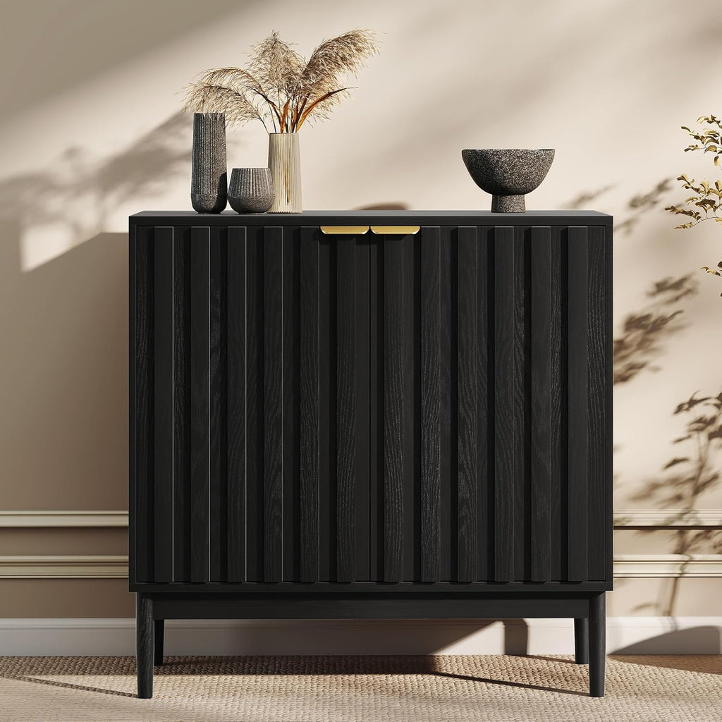 Fluted Cabinet with Storage, Buffet Cabinet Sideboard with 2 Doors, Black Buffet Storage Accent Cabinets with Adjustable Shelves for Living Room, Entry, Hallway, Kitchen
