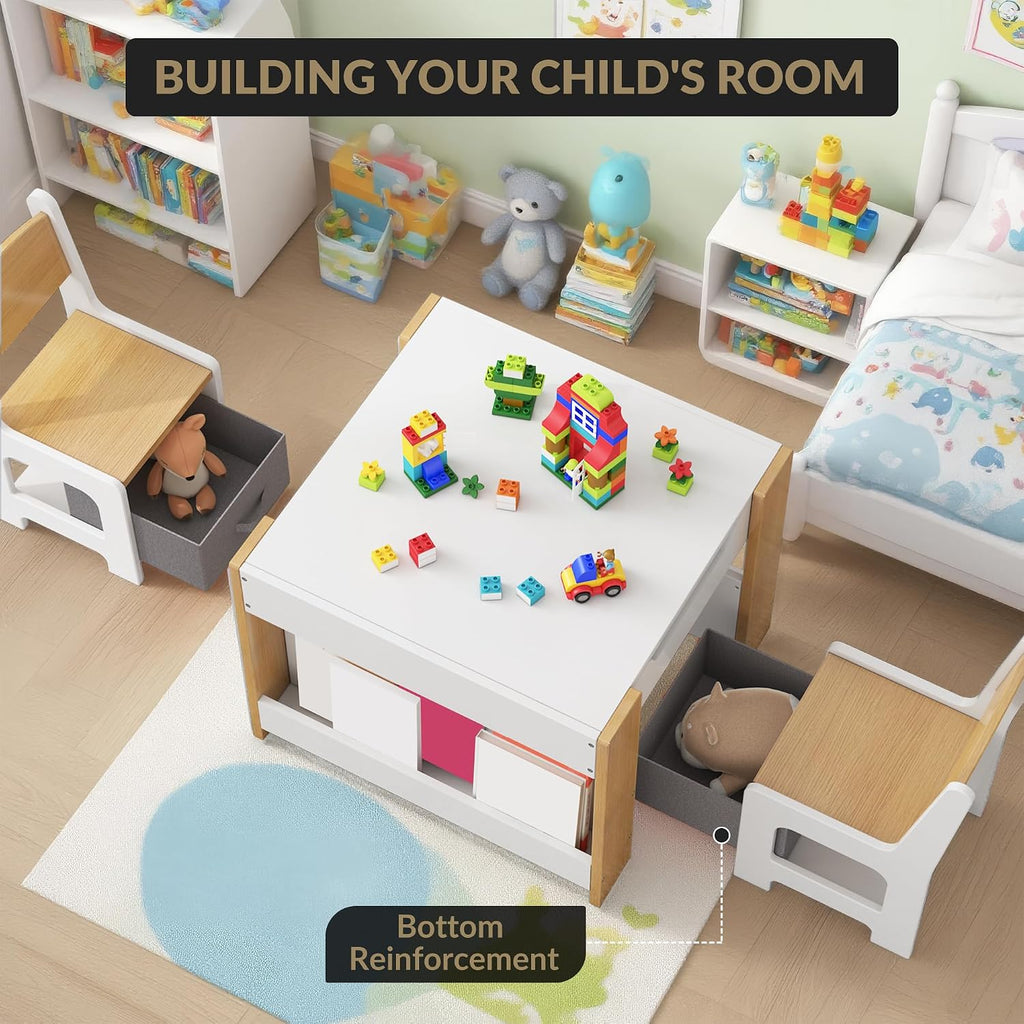 Kids 4‑in‑1 Wooden Table & 2 Chairs Set Brown | 4‑in‑1 double‑sided tabletop, multi‑storage, burr‑free wood, waterproof finish, for kids drawing reading craft activities
