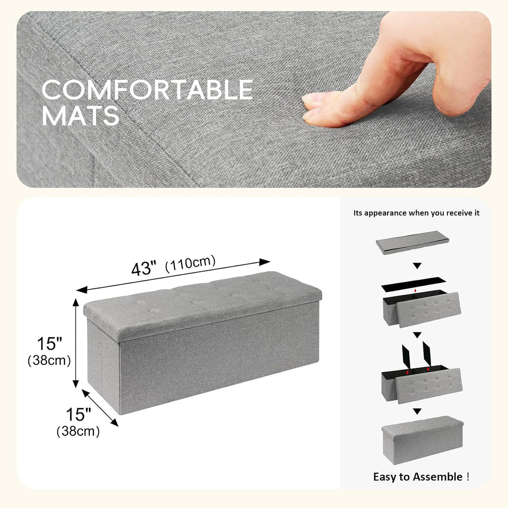 PINPLUS Folding Storage Ottoman Bench, Grey Linen | Linen Storage Chest with Padded Seat, Blanket Organizer, Footrest Stool and End of Bed Bench for Bedroom or Living Room
