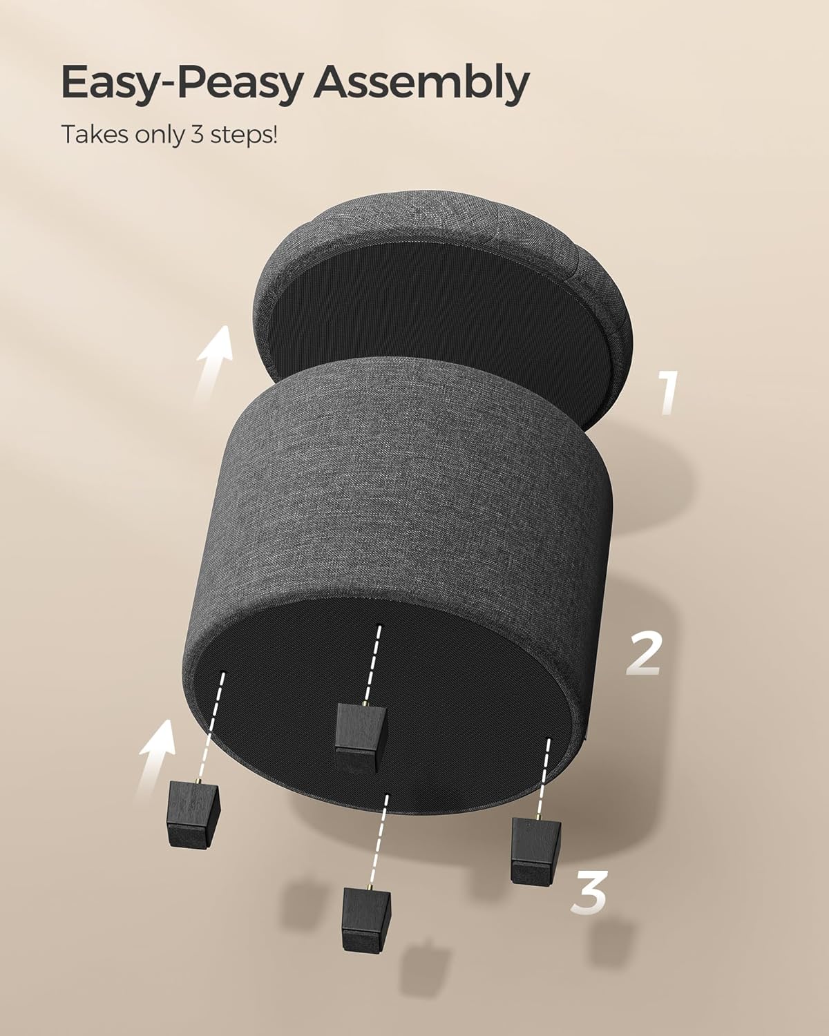 SONGMICS Round Ottoman with Storage, Vanity Stool, Linen-Look Fabric | Upholstered Foot Stool, 17.7 x 17.7 x 17.5 Inches, Removable Lid, Easy Assembly, Slate Gray, MACEO Collection ULOM011G01