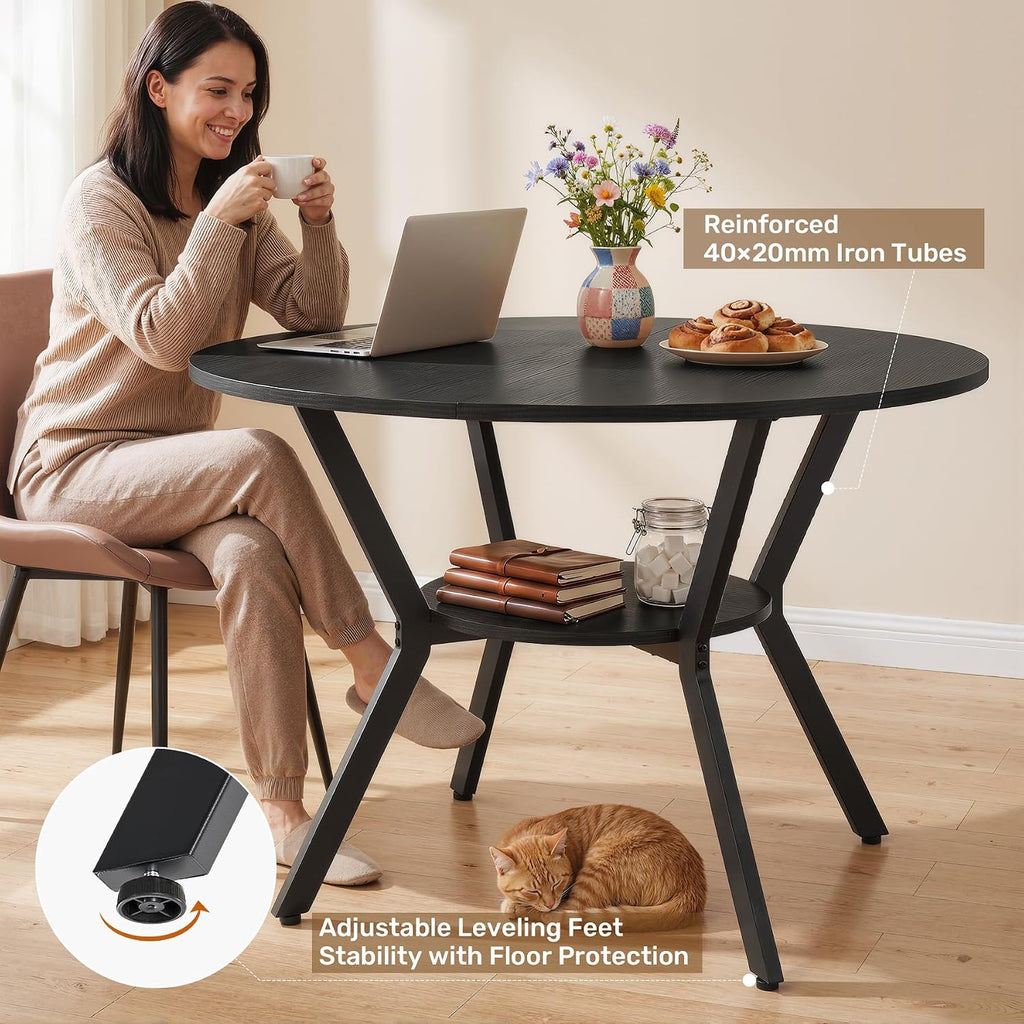 Miereirl 42.13" 5-Piece Round Dining Table Set for 4, Kitchen Table Set with 4 Upholstered Chairs and Storage Shelf, Dining Room Furniture Set for Apartment, Small Spaces