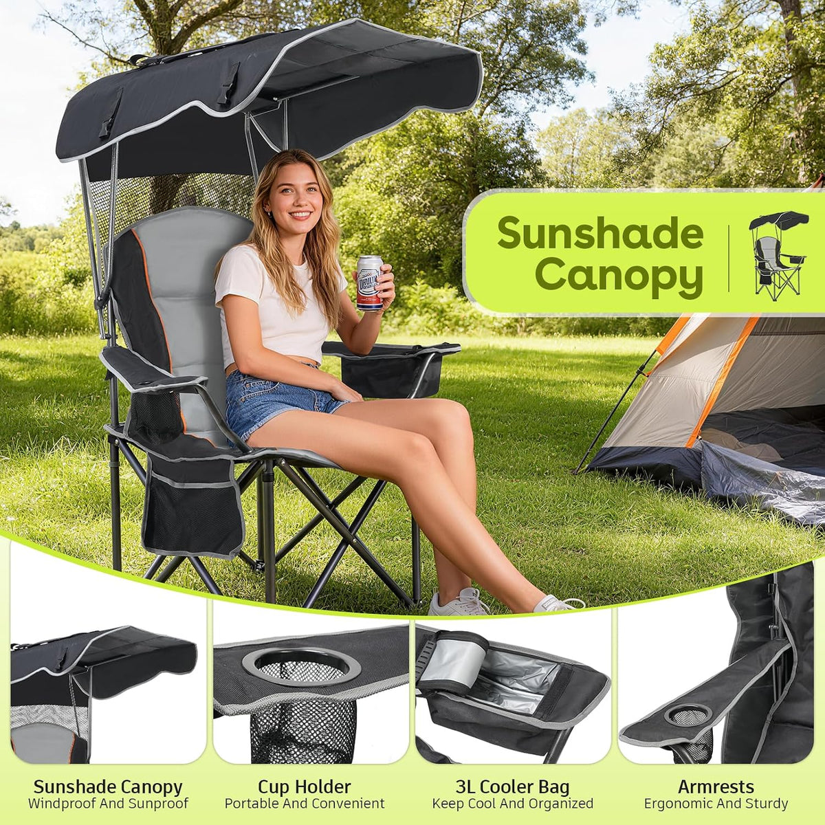 Suteck Camping Chair with Canopy, Outdoor Beach Chair with Adjustable Sun Shade Canopy, Cup Holder, Side Pockets - Heavy Duty Folding Chair with Full Sun Protection Supports 500lbs, Black
