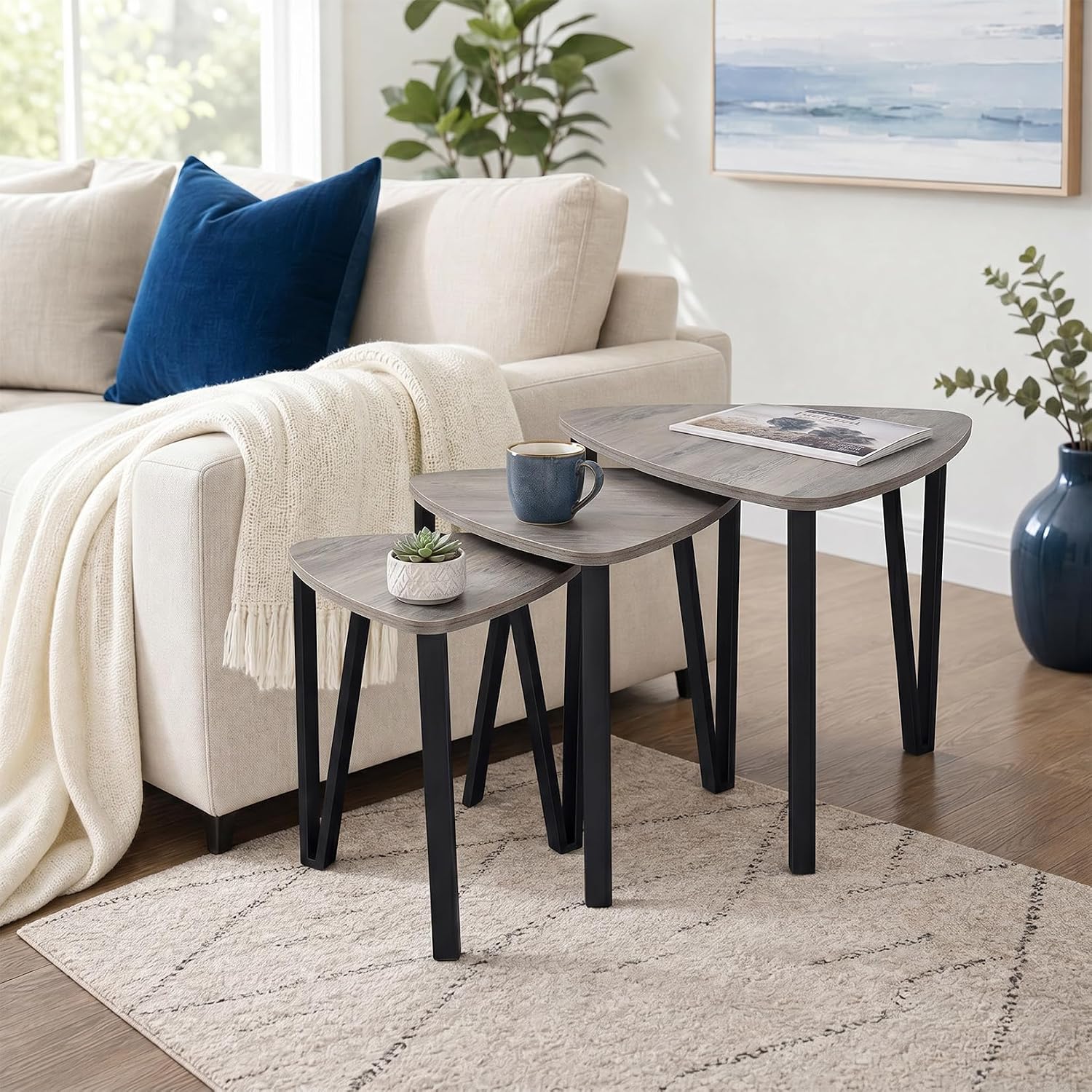 Nesting Coffee Tables Set of 3,Rustic Industrial Triangle Side End Table for Home