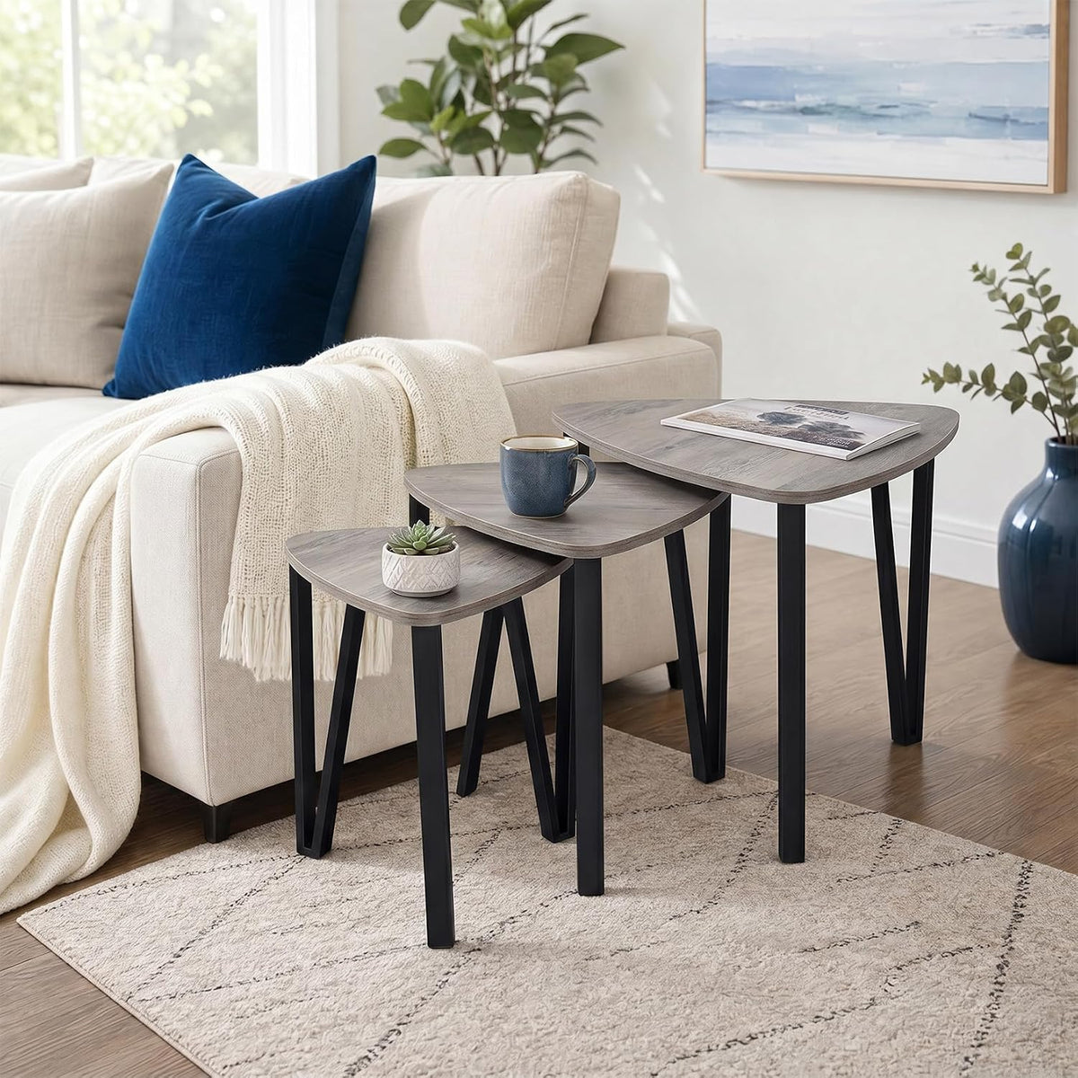 Nesting Coffee Tables Set of 3,Triangle Rustic Industrial Side End Tables for Home