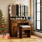CHARMAID Large Vanity Desk with Arched Mirror and Lights, Vintage Makeup Vanity Table with Charging Station, Storage Drawers & Cabinets, Dressing Table with Stool for Bedroom, Rustic Brown