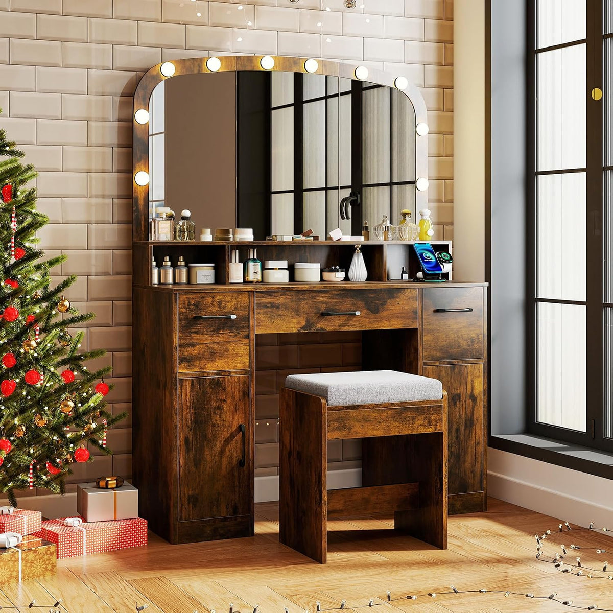 CHARMAID Large Vanity Desk with Arched Mirror and Lights, Vintage Makeup Vanity Table with Charging Station, Storage Drawers & Cabinets, Dressing Table with Stool for Bedroom, Rustic Brown