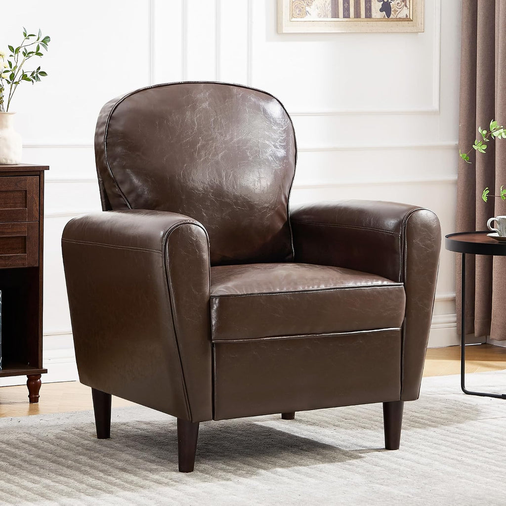 Mid Century Accent Chair, Modern Faux Leather Arm Chair, Comfy Upholstered Reading Chair Single Sofa Chairs for Living Room, Bedroom, Club, PU Coffee