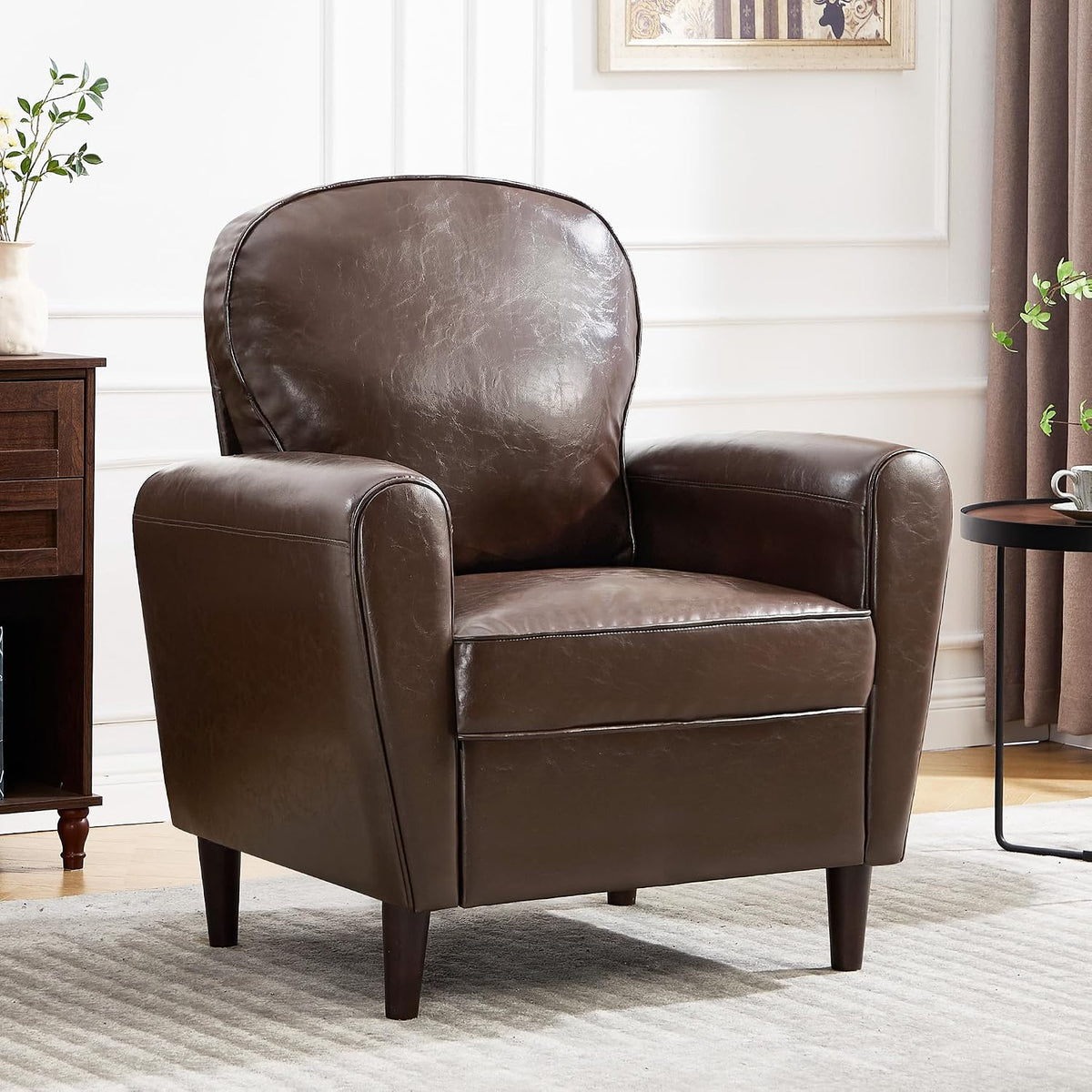 Mid Century Accent Chair, Modern Faux Leather Arm Chair, Comfy Upholstered Reading Chair Single Sofa Chairs for Living Room, Bedroom, Club, PU Coffee