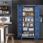 SteeLoong 75”Metal Pantry Storage Cabinet with Doors & 5 Adjustable Shelves | Kitchen Pantry Cabinet,Blue Kitchen Cabinet with 2 Gold Handles,Tall Cabinet for Livingroom,Pantry, Bathroom,Kitchen,Garage