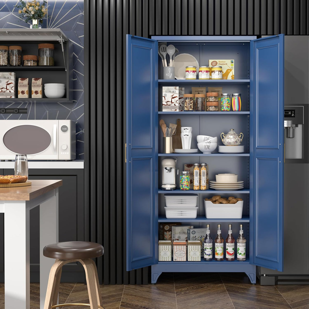 SteeLoong 75”Metal Pantry Storage Cabinet with Doors & 5 Adjustable Shelves | Kitchen Pantry Cabinet,Blue Kitchen Cabinet with 2 Gold Handles,Tall Cabinet for Livingroom,Pantry, Bathroom,Kitchen,Garage
