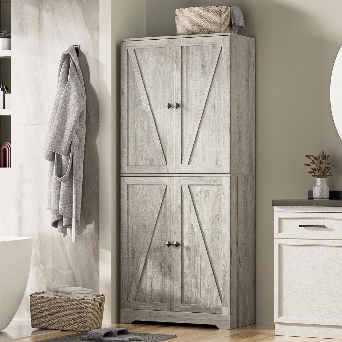 LYNSOM Farmhouse Storage Cabinet with 4 Barn Doors and Adjustable Shelves, Grey丨72 Tall Pantry Cabinet, Freestanding Buffet Cupboards Sideboard for Kitchen, Dining Room, Livingroom
