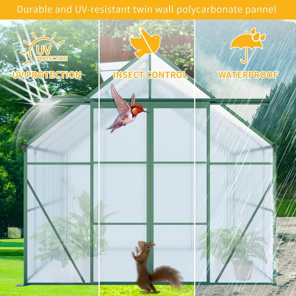 KEIKI 8x6 FT Double Door Polycarbonate Greenhouse with Aluminum Frame,Raised Base and Roof Vent,Walk-in Greenhouses for Patio Garden Backyard