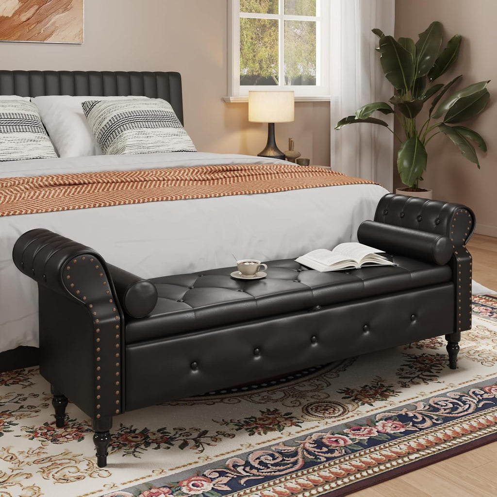 FiveWillowise 65" End of Bed Bench with Storage Ottoman,Black | Faux Leather Upholstered Storage Bench with Rolled Arms and Nailhead Trim for King Size Bed,Bedroom,Entryway,Living room