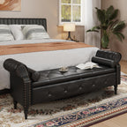 FiveWillowise 65" End of Bed Bench with Storage Ottoman,Black | Faux Leather Upholstered Storage Bench with Rolled Arms and Nailhead Trim for King Size Bed,Bedroom,Entryway,Living room
