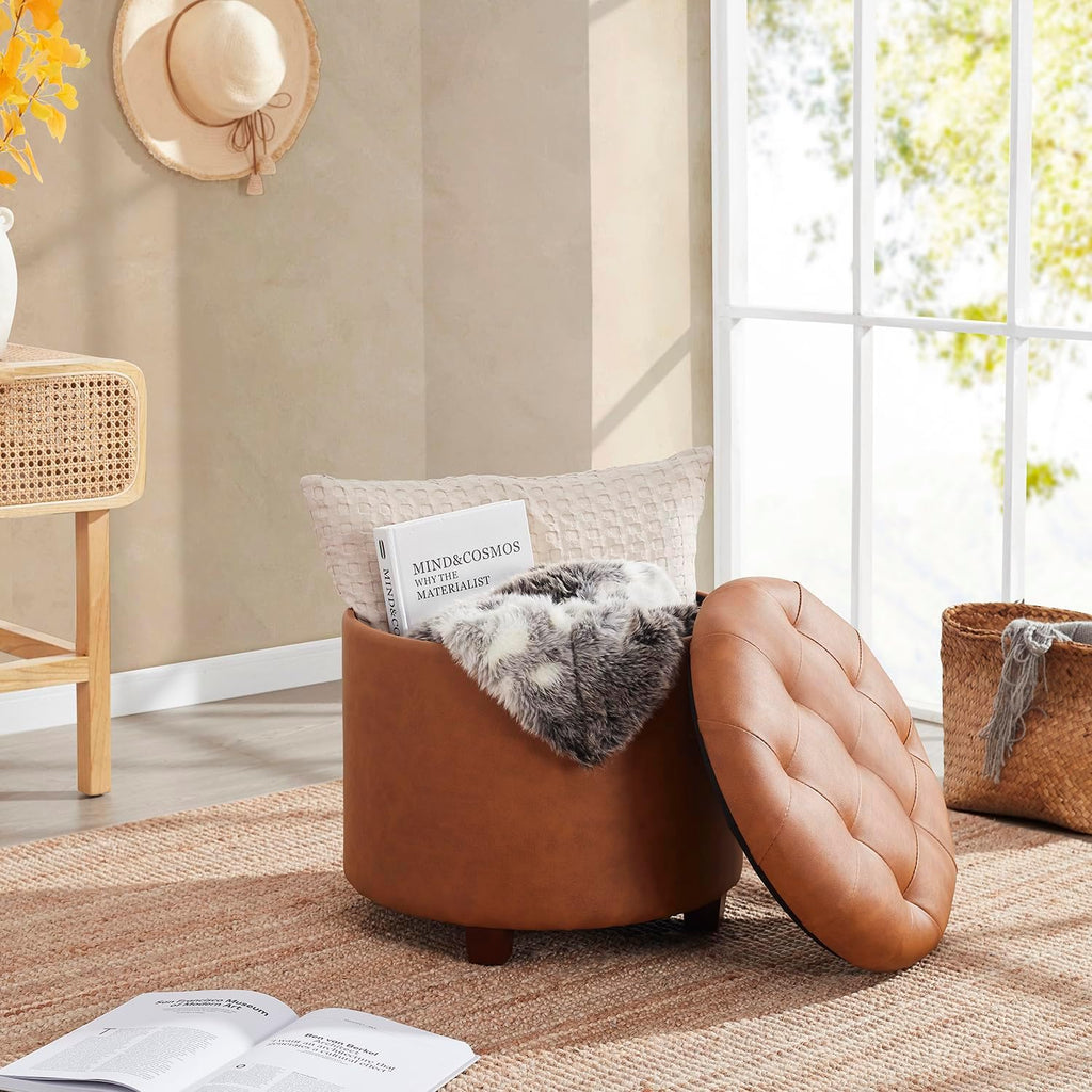 Ornavo Home 18" Round Storage Ottoman with Lid, Holds 300 lbs, Cognac | Faux Leather Tufted Fabric; Foot Rest Stool & Vanity Chair For Living Room, Bedroom Or Entryway