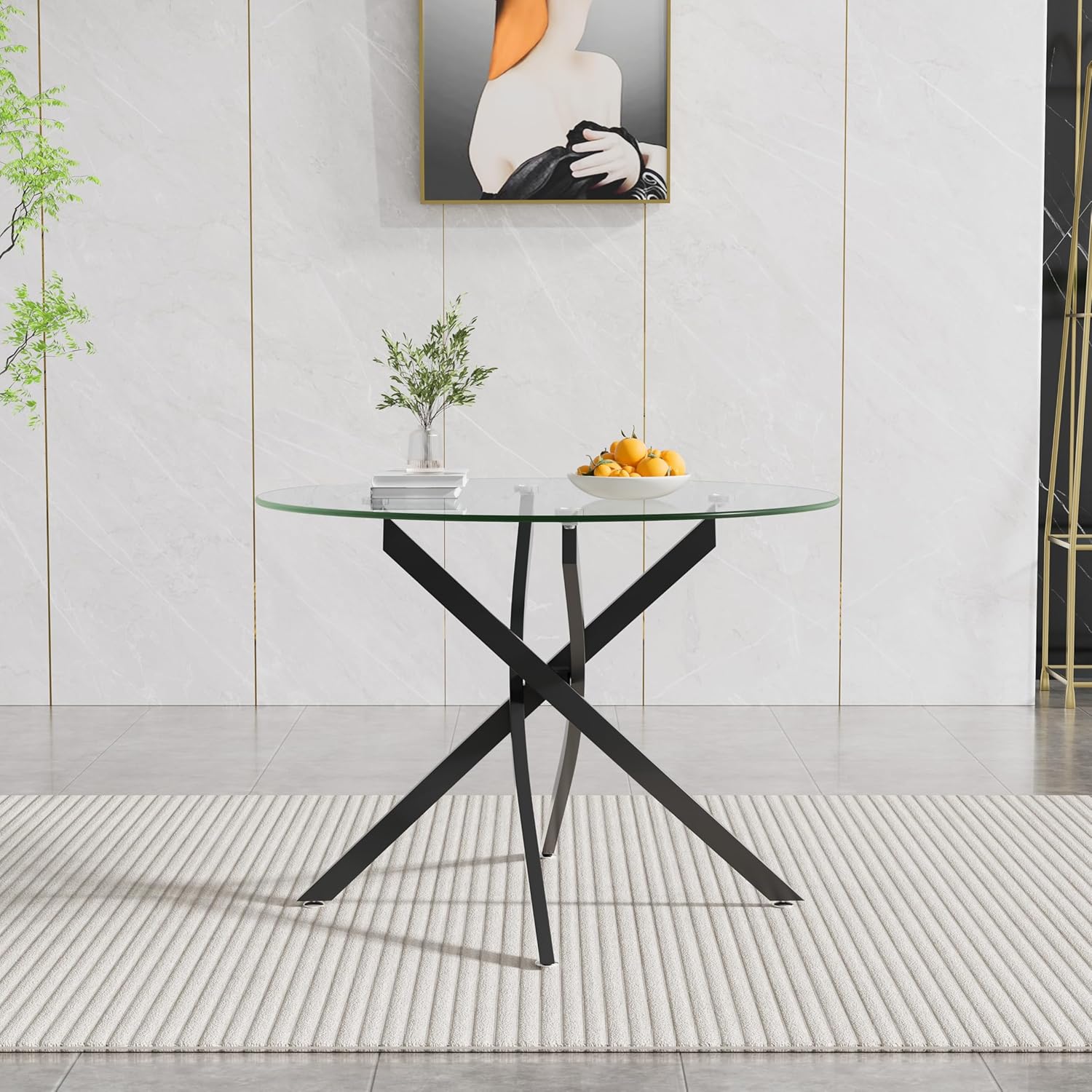 SSLine Modern 5-Piece Round Glass Dining Table Set for 4, Luxury 36" Circle Clear Glass Top Dining Room Table with 4 Clear Tufted Chairs for Kitchen Home Office