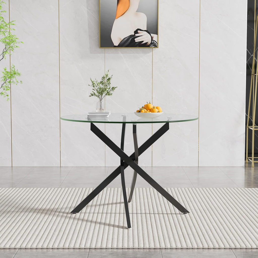 36" Round Glass Dining Table for 4, Circle Kitchen Table with Tempered Glass Top and Black Metal Cross Legs, Modern Small Glass Coffee Dinner Table for Kitchen Dining Room Apartment Office