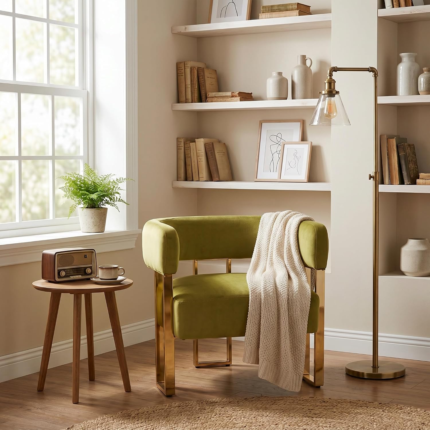 Modern Barrel Accent Chairs Set of 2, Living Room Side Chairs with Golden Metal Legs, Soft Velvet Reading Armchairs for Bedroom, Upholstered Club Chair for Reception Room/Office, Olive