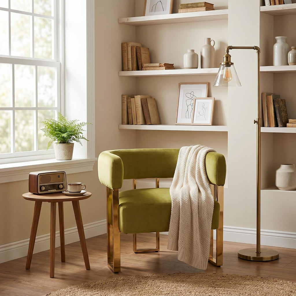 Modern Barrel Accent Chair, Living Room Side Chair with Golden Metal Legs, Soft Velvet Reading Armchair for Bedroom, Upholstered Club Chair for Reception Room/Lounge/Office, Olive