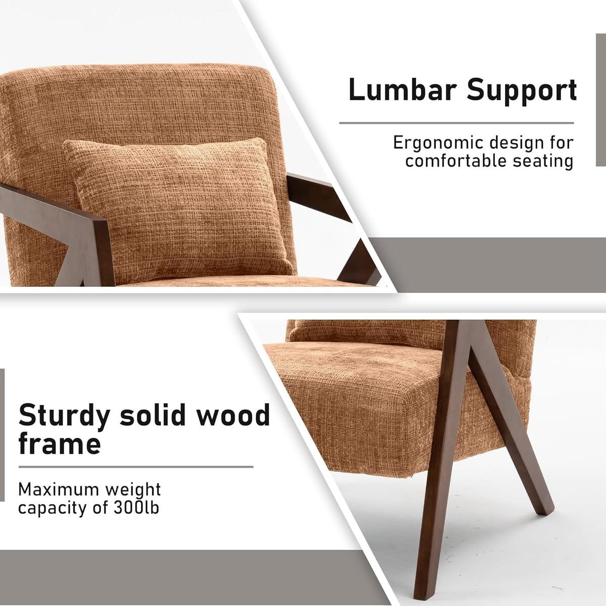 Mid-Century Modern Accent Chair Set of 2 with Solid Wood Frame，Upholstered Chenille Living Room Arm Chairs with Pillow for Bedroom, Living Room, Reading Room, Balcony, Brown