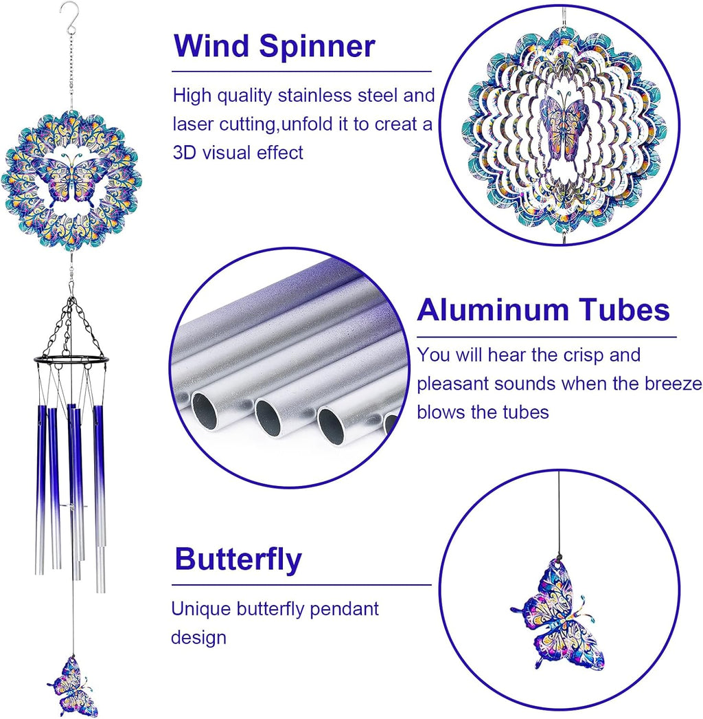 TUOKING Wind Chimes for Outside Butterfly Wind Spinner Windchimes Hanging Decoration for Outdoor Yard Garden Patio, Unique Gift for Mom,Women,Chimes Lovers
