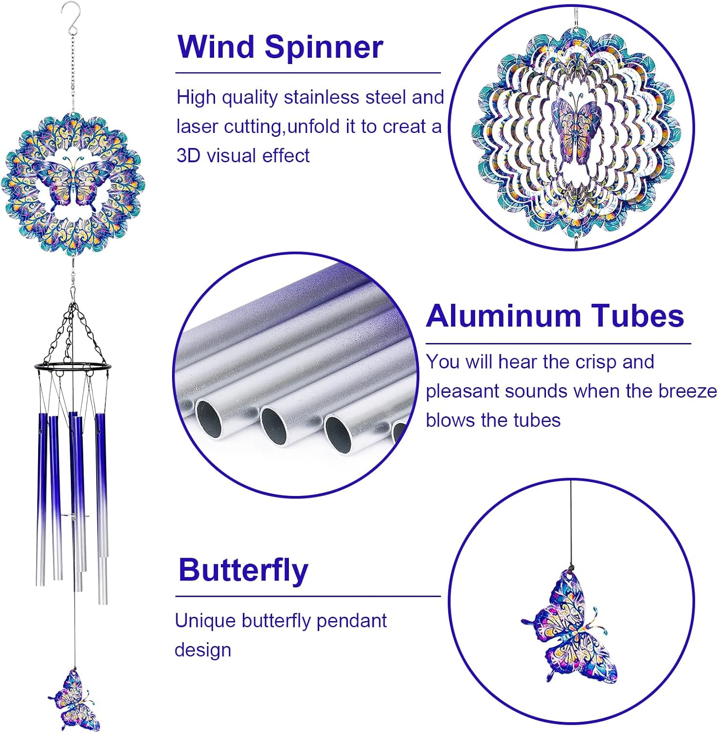 TUOKING Wind Chimes for Outside Butterfly Wind Spinner Windchimes Hanging Decoration for Outdoor Yard Garden Patio, Unique Gift for Mom,Women,Chimes Lovers